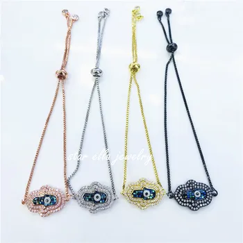 

10pcs/lot Stunning Bracelet Micro Paved CZ Black Abalone Shell Fatima Hamsa Evil Eye Adjustable Link Bracelet Pulsera Bisuseria