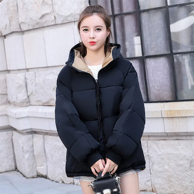 Однотонные плотные теплые короткие пуховые пальто с капюшоном для женщин, корейский стиль, на молнии, с карманами, тонкие пальто, женские модные куртки, Новинка