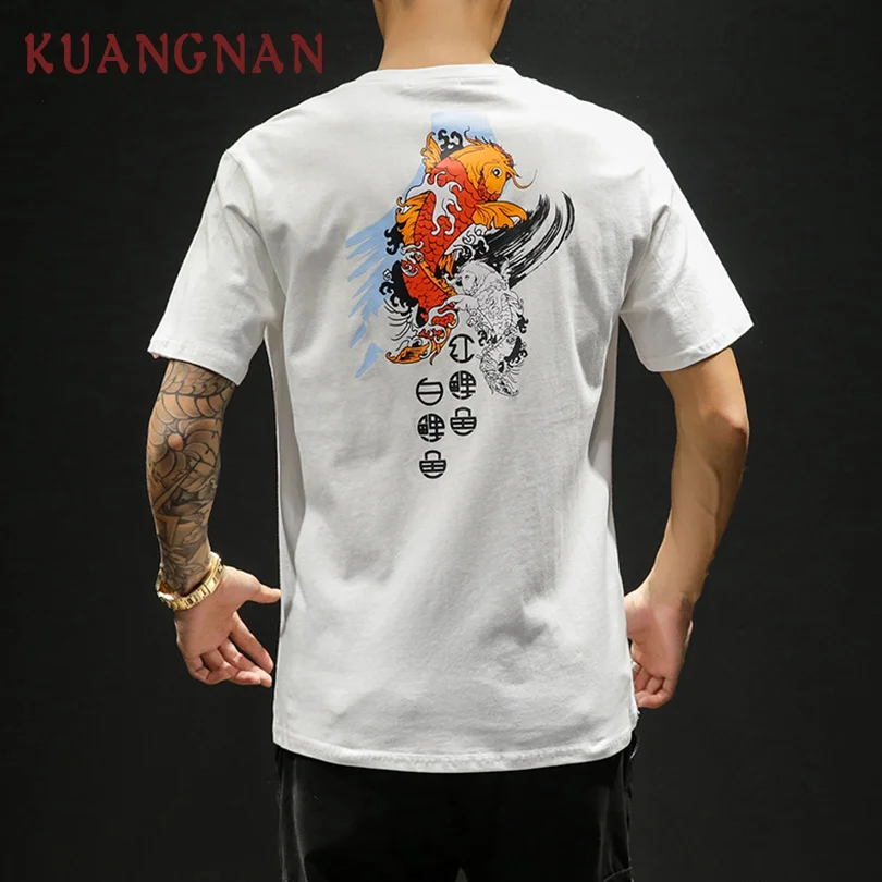

KUANGNAN Japan Style Carp Printed T Shirt Men Tshirt Men T-Shirt Harajuku Summer Top White Men T Shirts Hip Hop Streetwear 2019