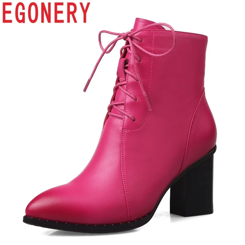 

EGONERY women shoes 2018 newest genuine leather high strange style platform pointed toe zipper cross-tied two colors ankle boots