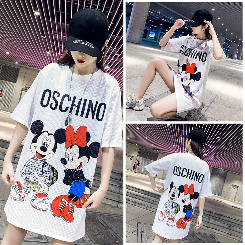 Свободная футболка с рисунком Минни Маус, женское Сетчатое платье, удобная дышащая женская одежда Диснея, халат с Микки Маусом, прямое платье