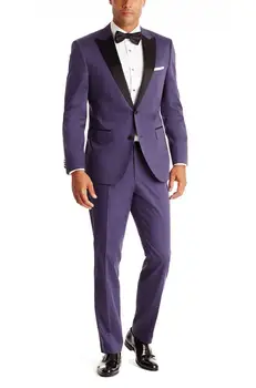 

New Arrival Purple Grooms Tuxedos 2017 Black Satin Peaked Lapel Wedding Suits For Men Two Piece Mens Suits Two Button Groomsmen