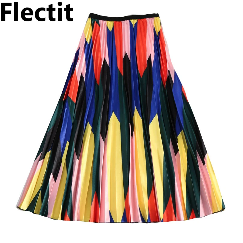 

Flectit 2019 New Spring Multi Colored Pleated Skirt Women Geometric Print Elastic Waist Maxi Skirt Ladies Outfit Skirt *