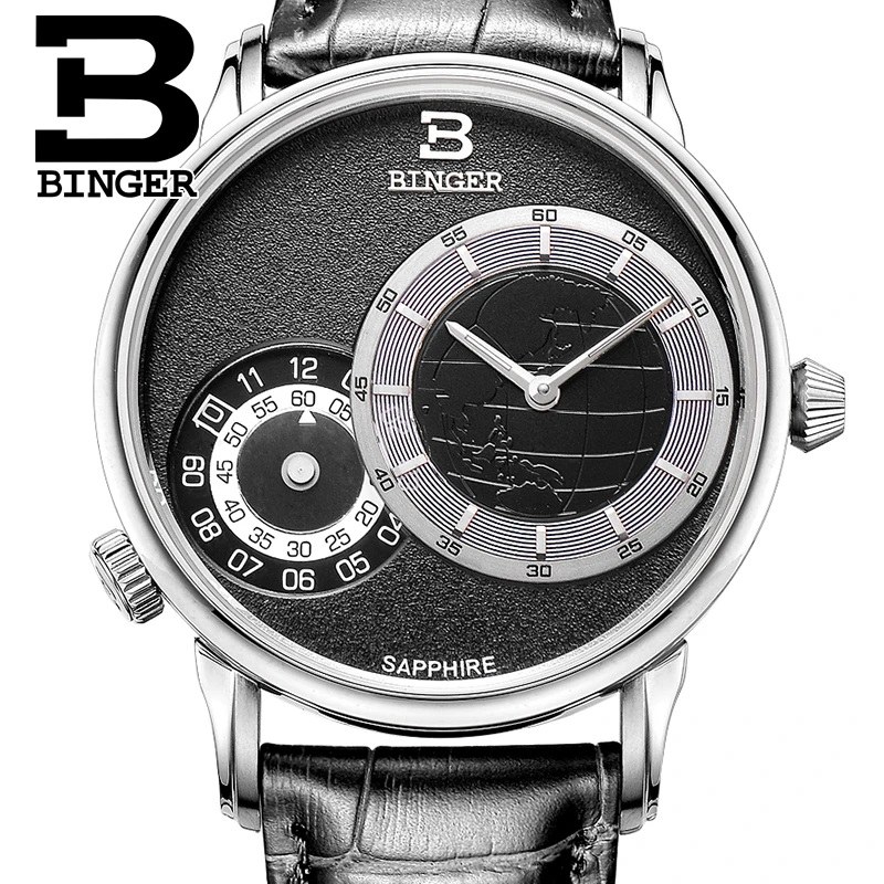 Подлинная швейцарская бренд BINGER Мужские автоматические кварцевые с сапфировым стеклом часы серии путешественника кожаный ремешок водонепроницаемый два часовых зоны GMT