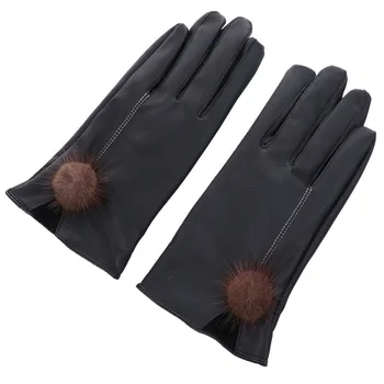 

PU Leather Glove Touch Screen Female Mink Fur Autumn Winter Cashmere Rabbit Hair Ball Thickened Warm Cold Windproof Gloves Black