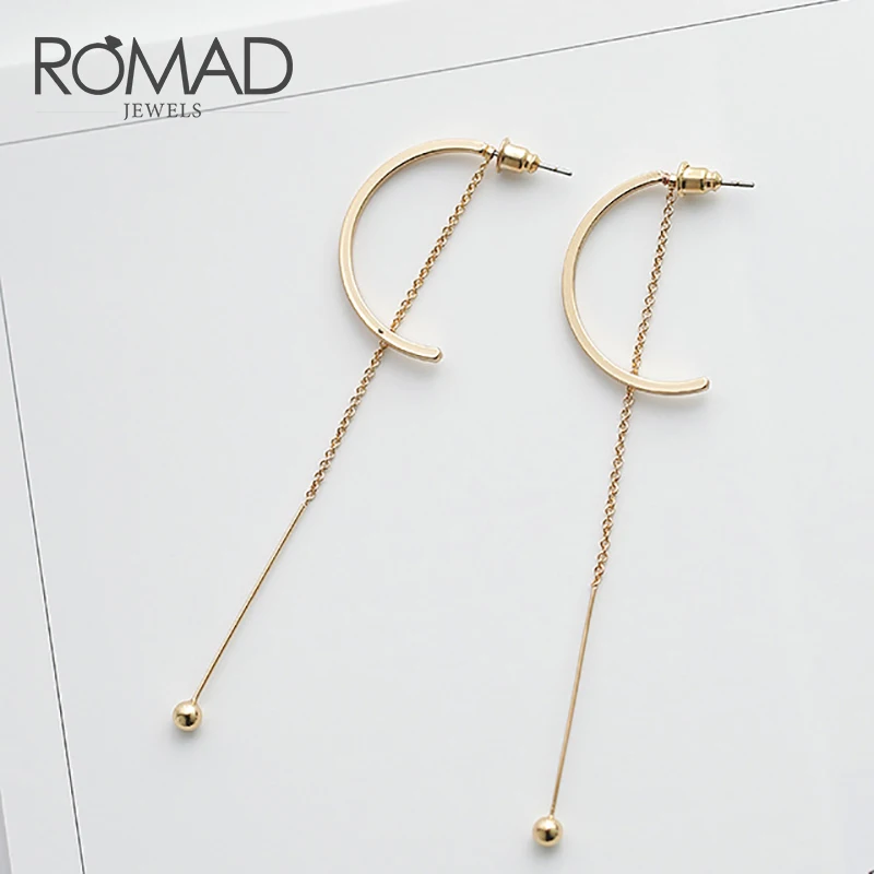 

ROMAD Korean Alloy Long Drop Dangle Earrings For Women Arc Circle Ball Tassel Earrings boucle d'oreille femme Girl Gift R4