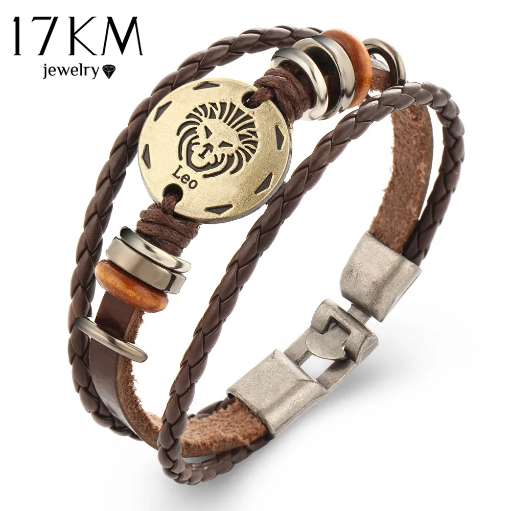 

17KM Brand New 12 Constellations Bracelets Fashion Jewelry Leather Bracelets Men Casual Personality Vintage Punk Bangle Gift