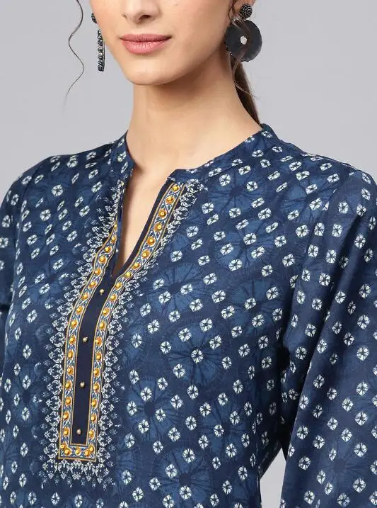 New Style India Fashion Woman Ethnic Styles Printing Costume Cotton Top Travel Dance Clothing Beautiful Blue Lady Long Top