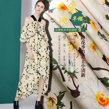 

PRINTED SILK CREPE DE CHINE 135cm width 12momme 100% Pure Mulberry Silk Fabric Women Dress Blue Cherry blossoms