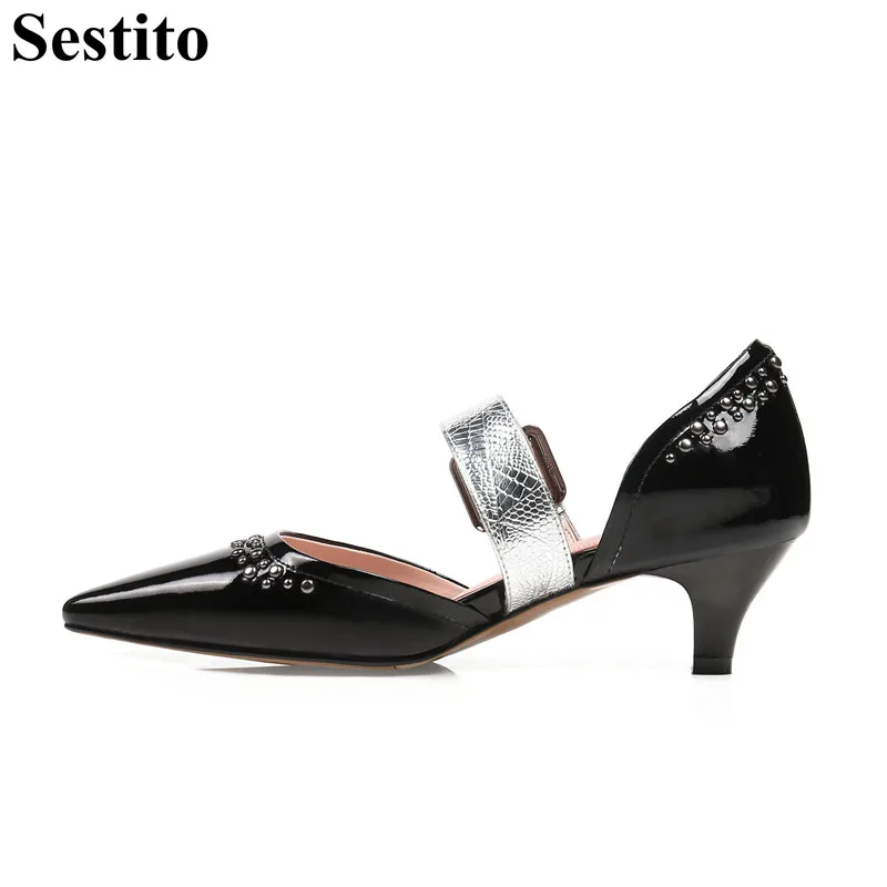 

New Mixed Colors Fashion Black Rivet Pointed Toe High Heels Med Heel Party Pumps Women Slip-on Buckle Shoes Women Spring/Autumn