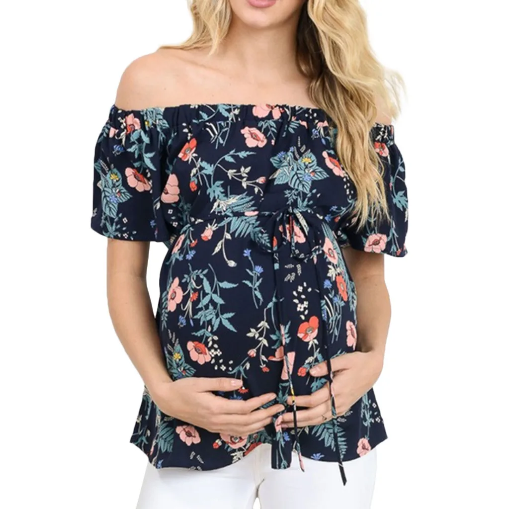 Для женщин топы с короткими рукавами Грудное вскармливание с открытыми плечами футболка с цветочным принтом для беременных L316