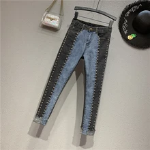 Новые весенне-осенние джинсы для женщин, расшитые бисером, с цветными блоками, высокая талия, студенческие джинсы, длина по щиколотку, узкие женские узкие брюки-карандаш