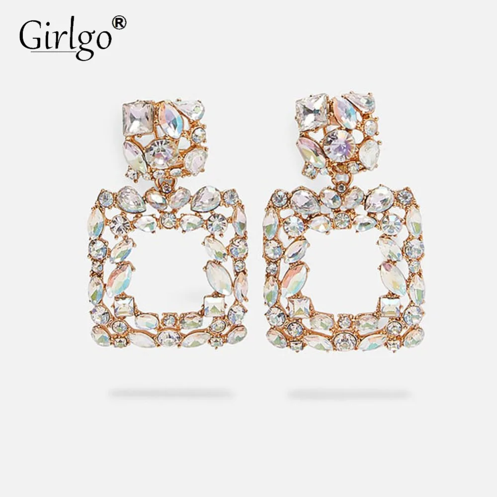 Girlgo 2019 модные роскошные квадратные висячие серьги с кристаллами для женщин