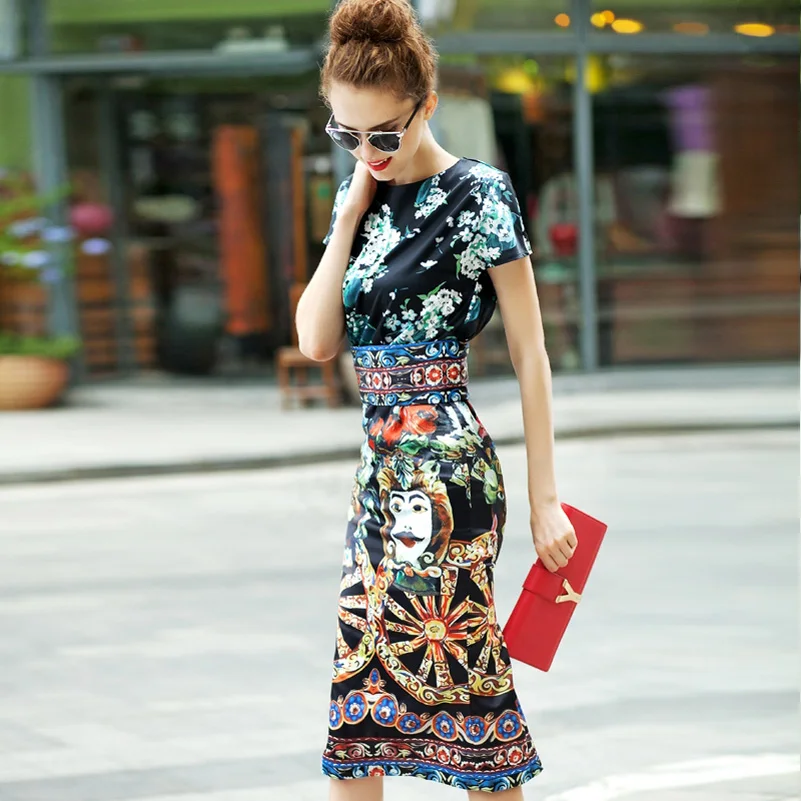 

New 2019 Designer Runway Summer style Sheath Dress High Quality Women's Short sleeve Vintage Print Slim Sexy Knee Length Dress