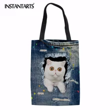 INSTANTARTS забавные поддельные джинсовые брюки с карманами с изображением котенка; льняные женские сумки для покупок многофункциональная Повседневное многоразовые складной, из ткани для леди