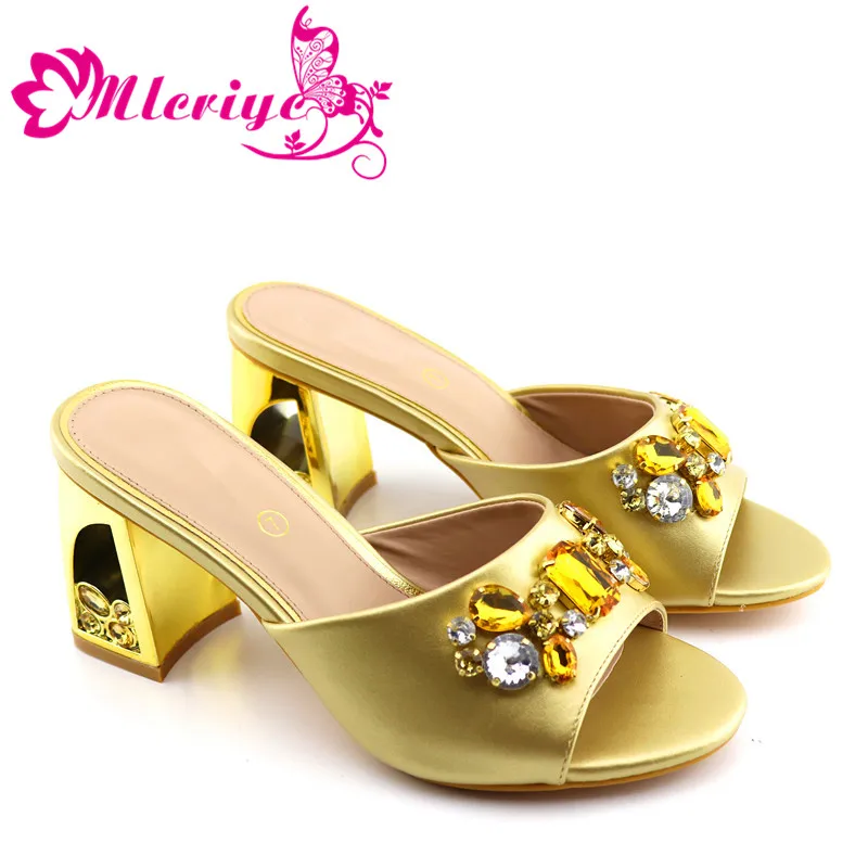

2019 Golden Color Luxury Italian Design Rhinestone Woman Slipper Shoes High Heels For Wedding African Style Women Shoes Hot Sale