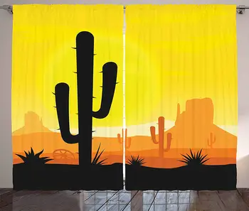 

Saguaro Kitchen Curtains Plants in Desert at Horizon Sunset Wild West American Cliffs Mexico View Window Decor Panel Set