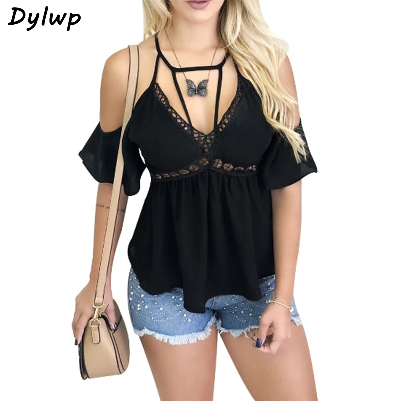 

2019 Women Sexy Off Shoulder Blouse Summer V-neck Loose Strap Backless Blouse Ladies Solid Color Chiffon Hollow Tops Plus Size