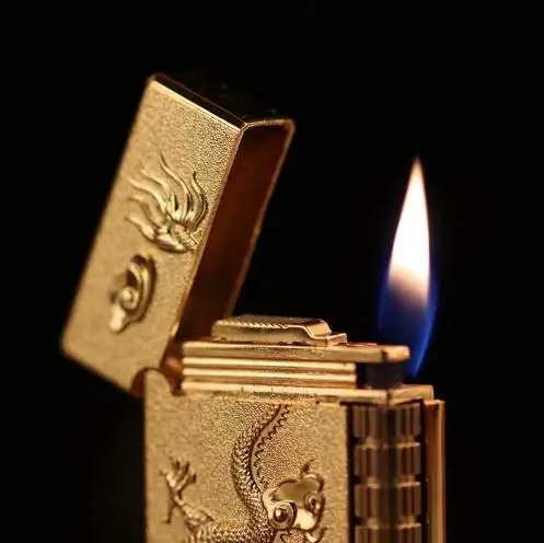 Золотой дракон газовая зажигалка классический пинг звук надувной многоразовый винтажный для сигарет фонарь огонь