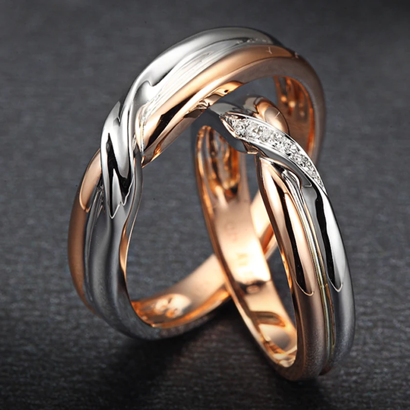 18 К двухцветный золото Diamond пары кольцо Свадебные Обручение Twisted Band Ювелирные изделия с алмазами гравировка