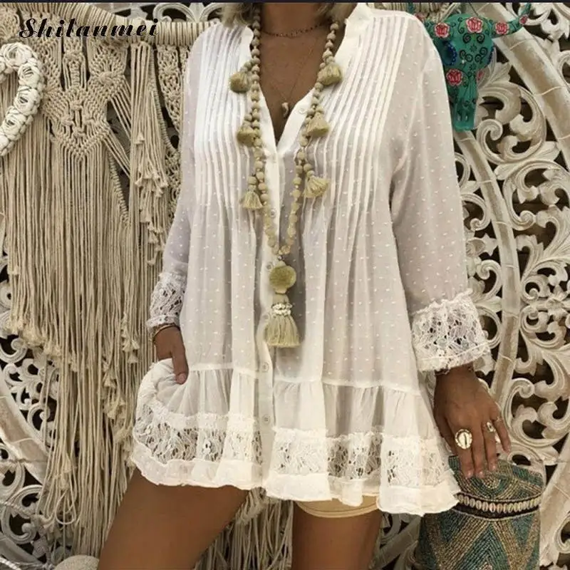 

2019 Spring Women Long Sleeve Blouse Tops Ladies V Neck Loose Shirt Plus Size Lace Blouses Summer Beach Clothing Robe Femme 5XL