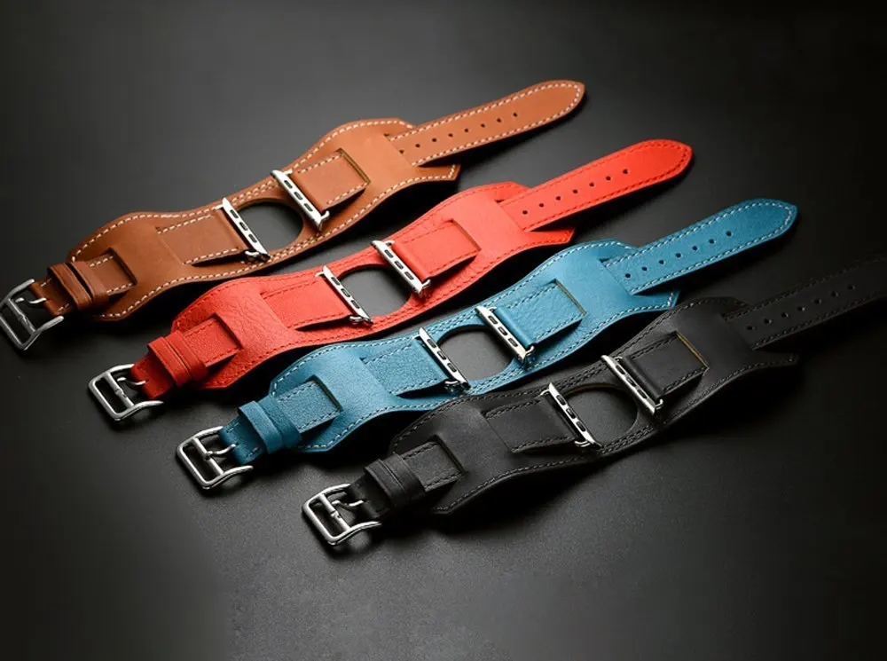 

38MM 42MM 1:1 Original Design Cuff Bracelet Genuine Leather Band For Apple Watch Band Wide Wrist Strap For iWatch With Adapters