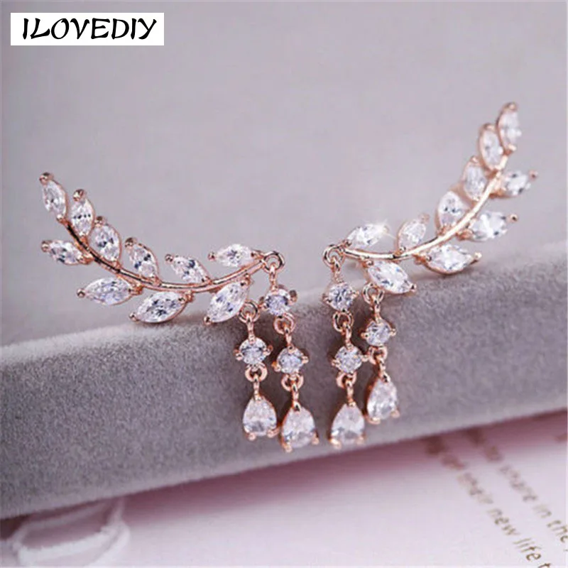 

1 Pair Bling Gold Silver Plated Crystal Tassel Leaves Zircon Earrings Angle Wing Leaf Fashon Ear Clips Jewelry