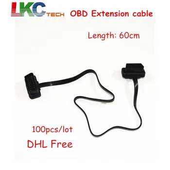 

100pcs/lot DHL Free OBD2 Connector Adaptor Extension Cable Car Diagnostic Extender Flat thin 16 Pin 60cm Length