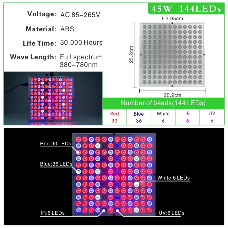  Growing Lamps LED Grow Light 25W 45W AC85-265V Full Spectrum Plant Lights Panel Lamp Phyto For Hydr - 33034332651