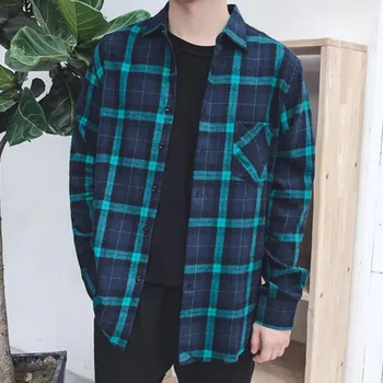 

Korean Style Slim Fit Spring Wear Long Sleeve Plaid Printed Shirts Cloth For Men Students Breathable Pure Cotton Comfortable