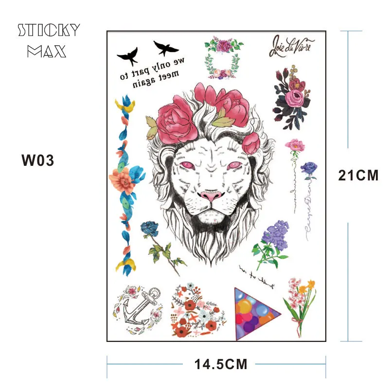 W03 1 Pièce Couronne De Fleur Lion Sur Bras Tatouage Temporaire Avec Lavande Triangle De Ballon Guirlande De Marguerite Motif Art Corporel