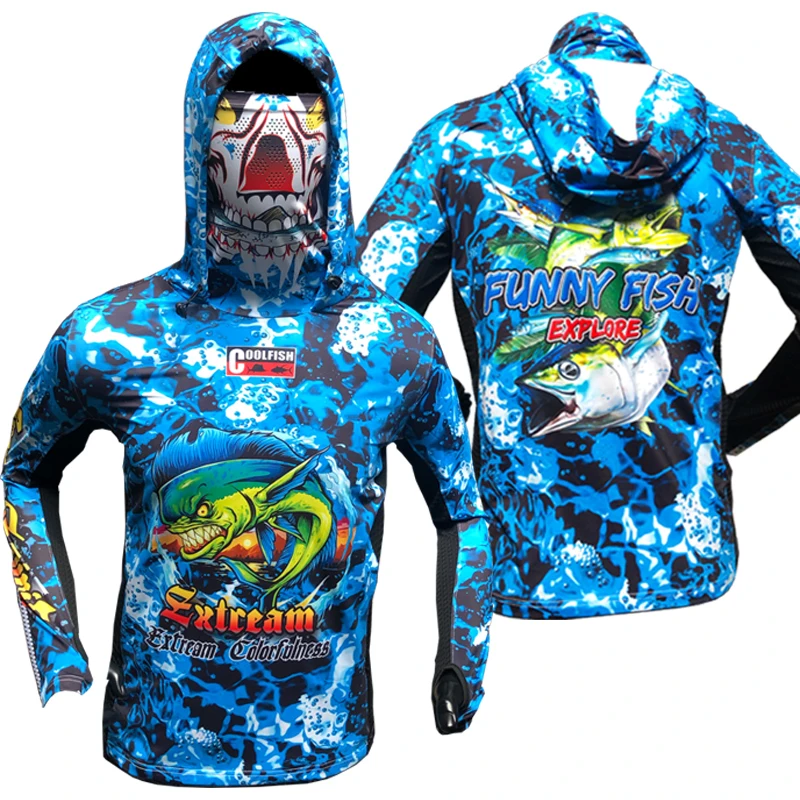 

Fast Dry Long Sleeve Fishing Jerseys with Cap Guard Arm Multi-Functional Sunscreen Fishing Clothing Blue Sea Ice Silk Cool Feel
