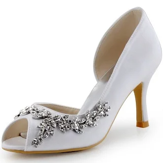 Цвета слоновой кости белые женские туфли; Большие размеры 34–43 свадебные туфли; свадебные туфли невесты на высоком каблуке; со стразами; открытый носок атласная Леди невесты платье для выпускного бала; туфли-лодочки Темно-синие HP1542 - Цвет: White