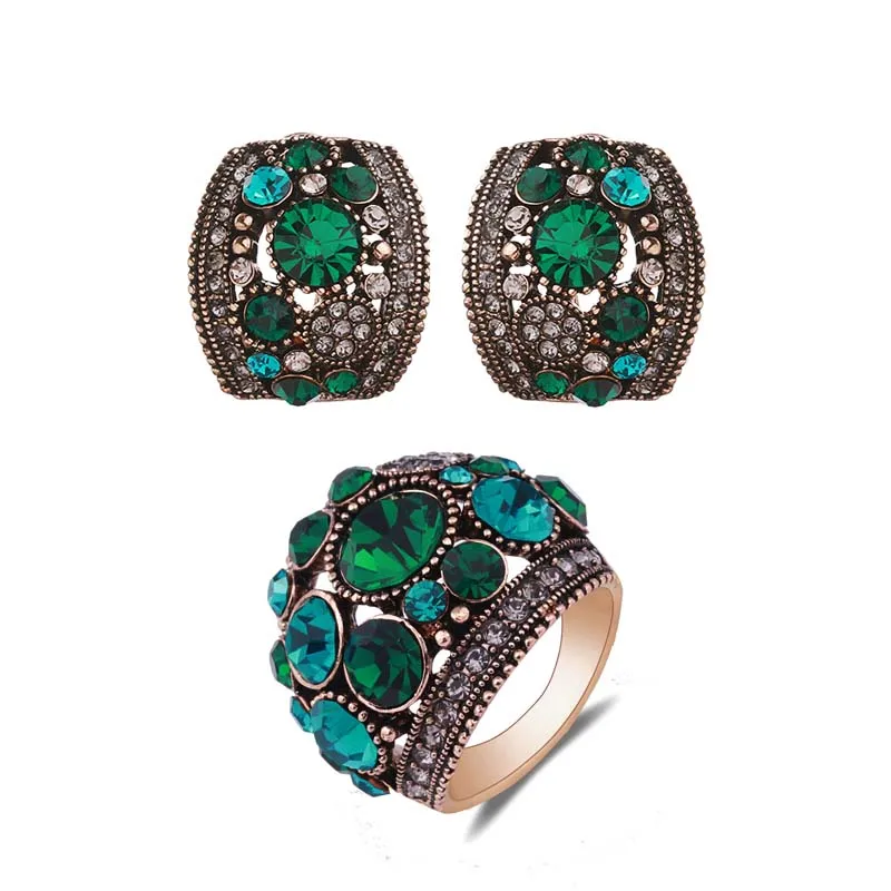 Sellsets Jewellery Antique Gold Silver Color Vintage Jewelry Sets Green Crystal Stud Earrings And Ring Set