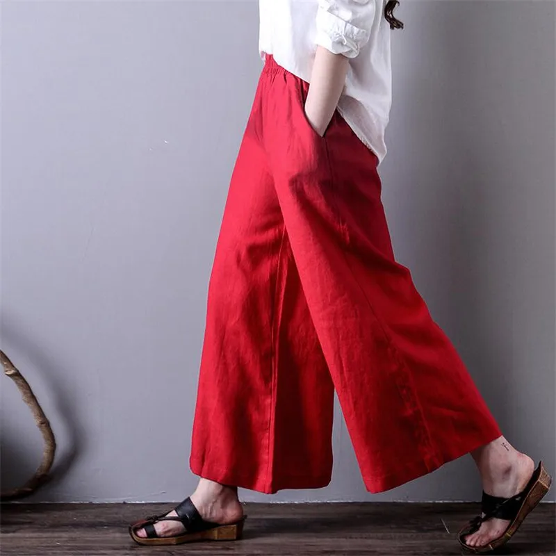 

2019 Summer New Cotton Linen Wide Leg Women Pants Fashion Elastic Waist Ankle-Length Solid Color Loose Trouser Plus Size 5XL/7XL
