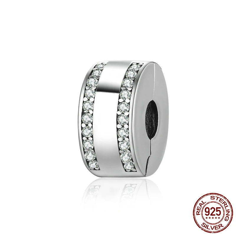 

100% 925 Sterling Silver Classic Clip With Clear CZ Beads Fit Original wst Charm Bracelet Fashion DIY Jewelry CRC105