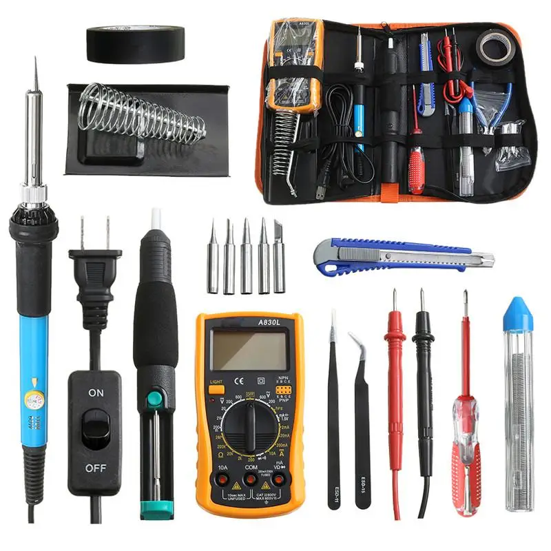 

110V 60W 18 in 1 Solder Iron Tools Kit Digital Multimeter with 5Pcs Solder Iron Tips Screwdriver Tweezers Plier Desoldering Pump