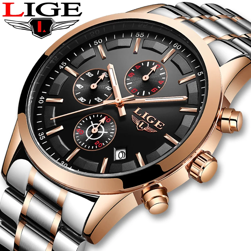 

Relojes Hombre LIGE Fashion Business Mens Watches Luxury Stainless Steel Waterproof Quartz Watch Men Military Sports Chronograph