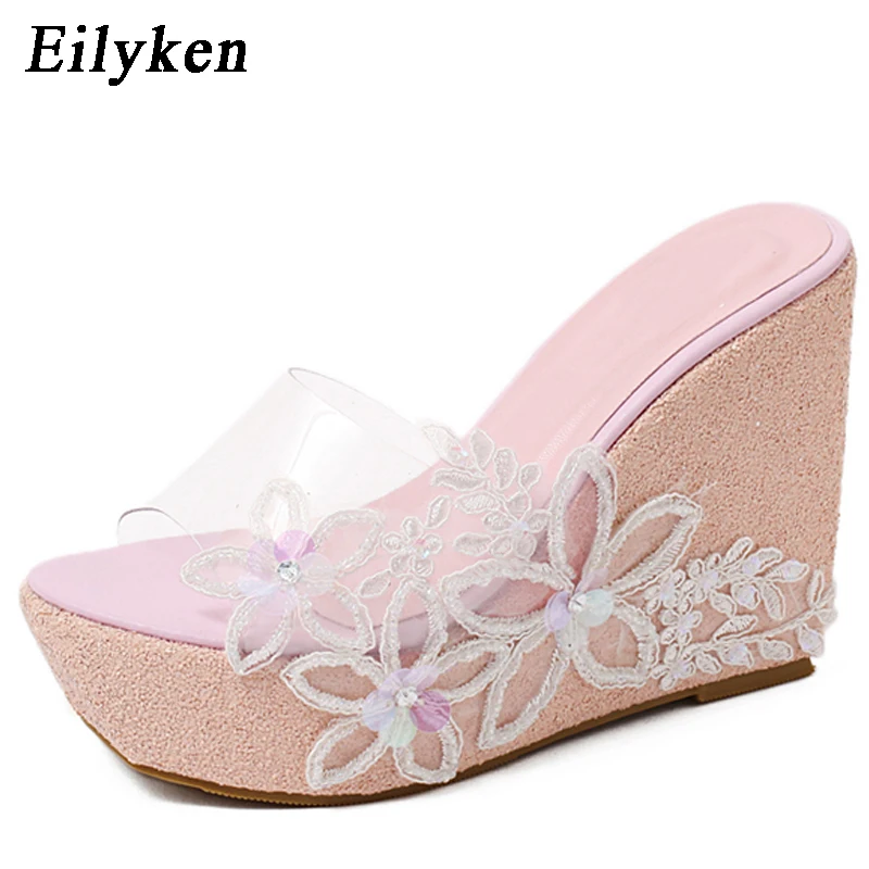 

Eilyken 2019 New PVC Wedge Slippers Women Platform shoes High Heels Summer Ladies Beach Shoes Fashion Diamond Lace Flower Shoes