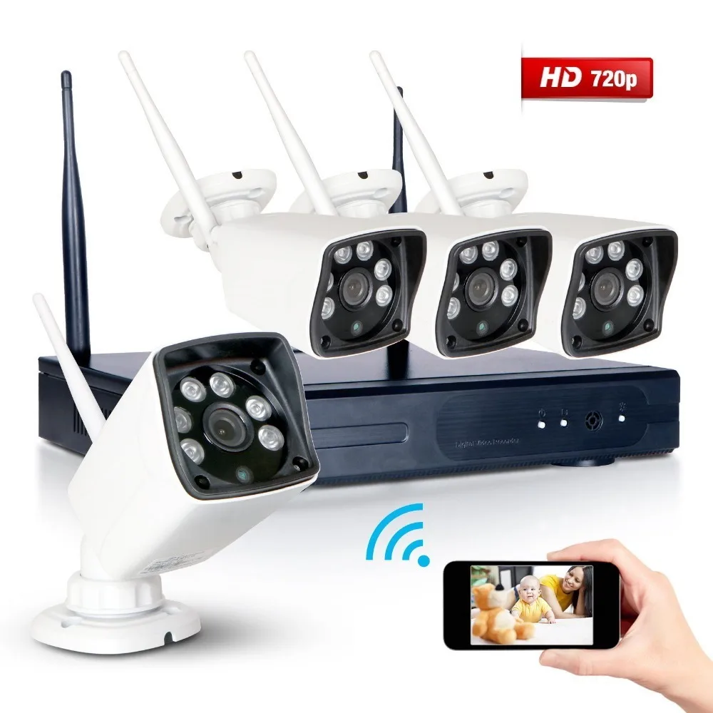 4CH NVR CCTV Surveillance Wifi System with 4x720P HD NightVision Outdoor IP Camera font b Smartphone