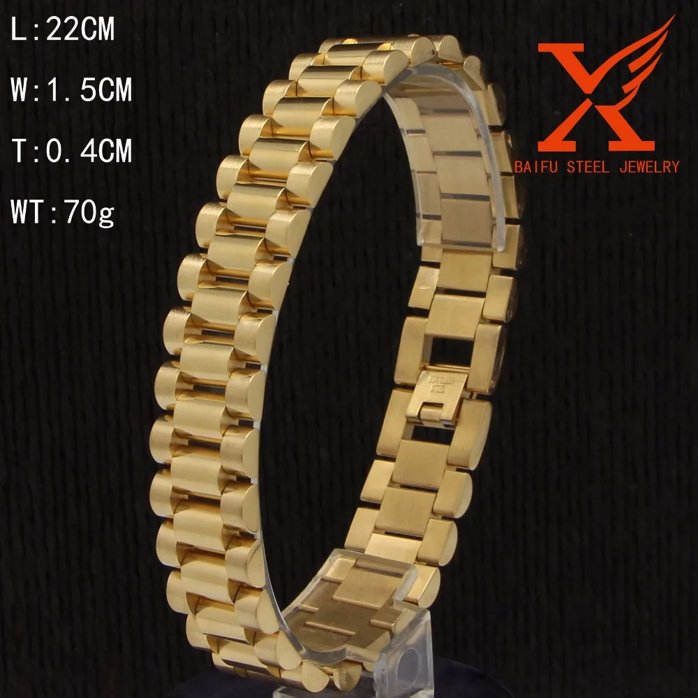 MEN`S JEWELRY STAINLESS STEEL GOLD WRISTBAND BRACELET(8.5"x 15mm)70gin
