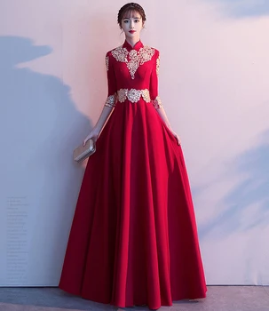 

New arrive High Neck Prom Dresses 2019 Ziper Golden Embroidery Evening Party Dress A line Sexy Half Sleeves Red Vestido de Festa