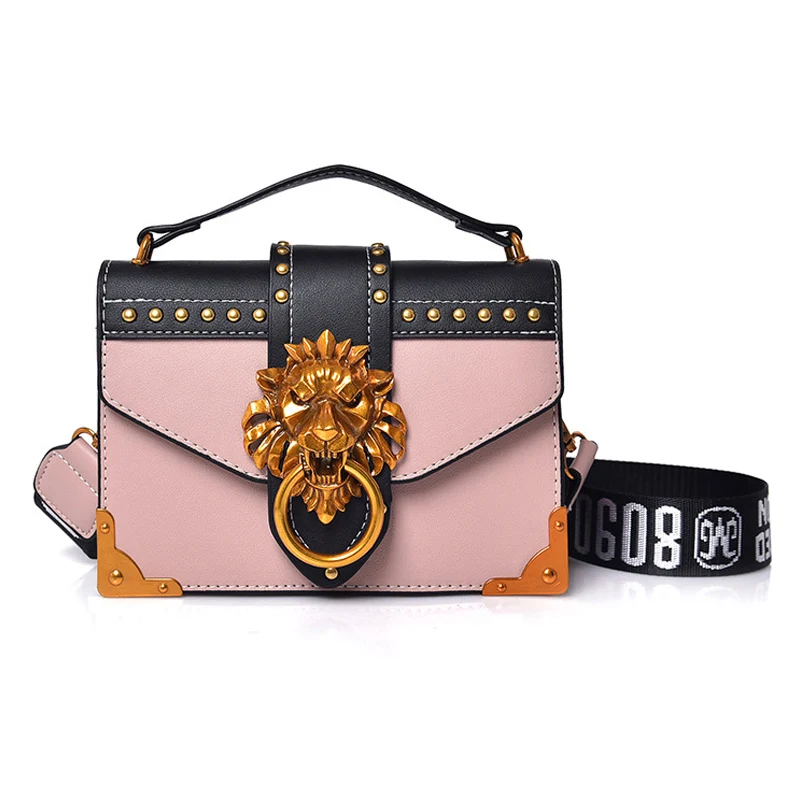 Fashion Women Handbag Lion Head Lock Small Square Pack Crossbody Shoulder Feamle Tote Bags Ladies Casual Rivet Wallet SS0419 (26)