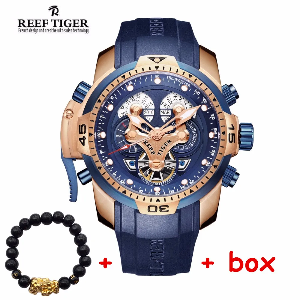 Reef Tiger Men's Watches Brand Automatic Mechanical Waterproof Watch Perpetual Calendar rubber Bracelet Watch relogio masculino