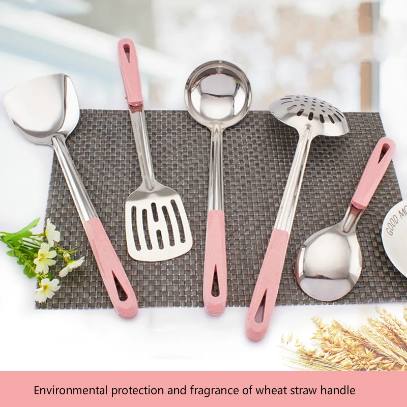 5 pieces kits stainless steel full set shovel fried scoop soup spoon porridge spoonful cooking long wheat handle kitchen
