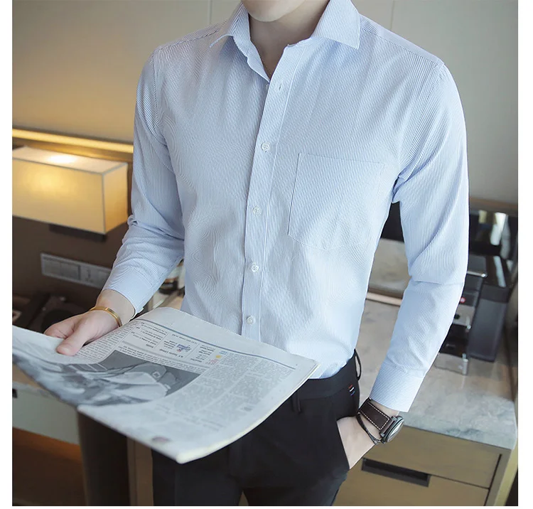 HCXY Мужская Рабочая одежда с длинными рукавами, рубашки, мужская деловая рубашка, деловая рубашка с диагональной тонкой полосатой черной каймой