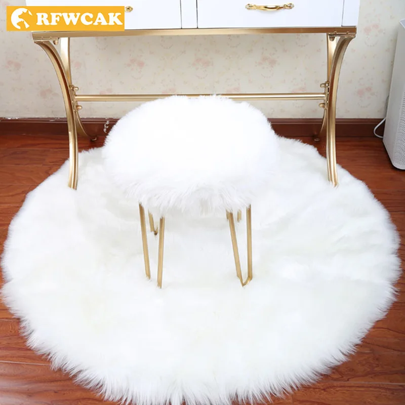 RFWCAK Luxury Round Sheepskin Hairy Carpets For Living Room Faux Mat Seat Pad Fur Plain Fluffy Soft Area Rug HomeTextile Tapete