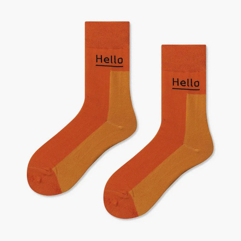 PEONFLY Harajuku, мужские носки, забавные, цветные, с рисунком, в горошек, в полоску, Sokken, повседневные, японский стиль, Уличный Скейтборд, Calcetines Hombre - Цвет: Orange hello