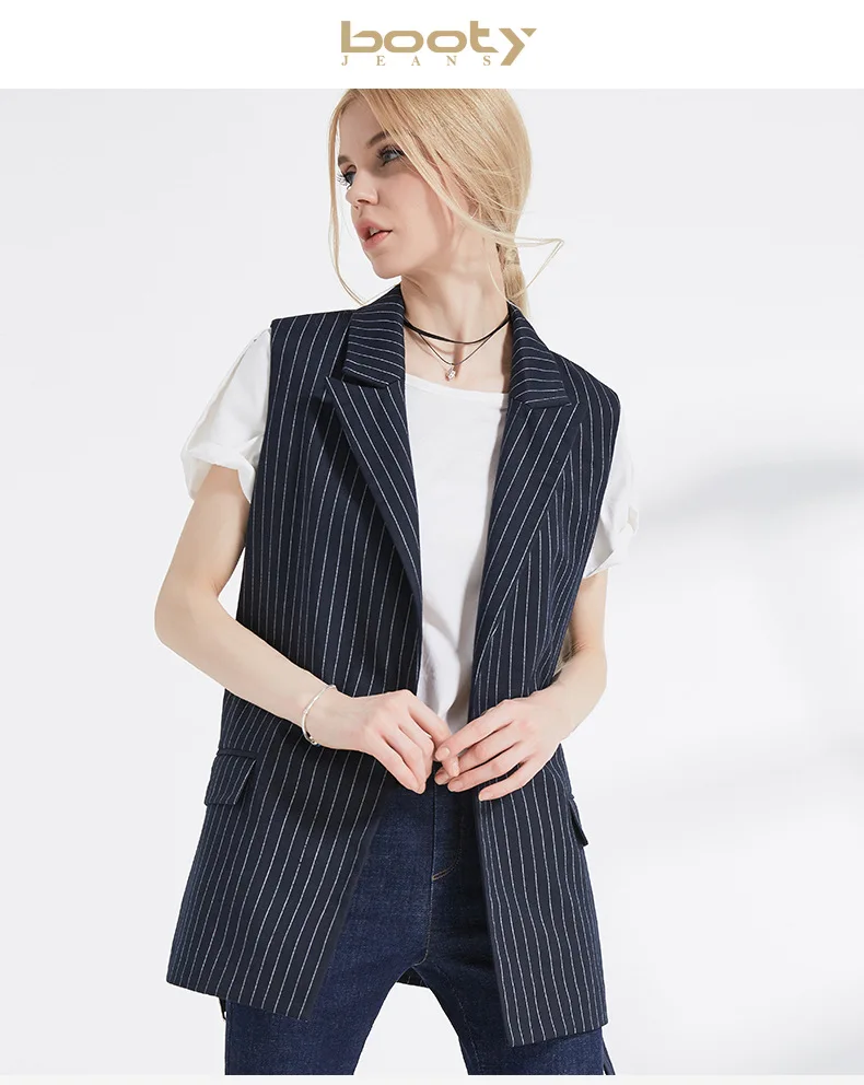 Bootyjeans Новинка года осень Темно-синие Полосатая майка, топ, жилет на пуху жилет с воротником Для женщин модные жилеты для торжественных событий с поясом