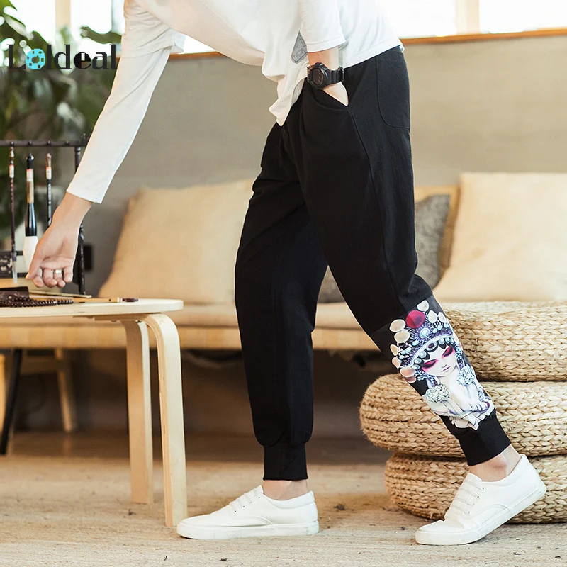 LOLDEAL Printed Patchwork Retro Jogging Cotton Loose Chinese Style Leg Pants | Мужская одежда